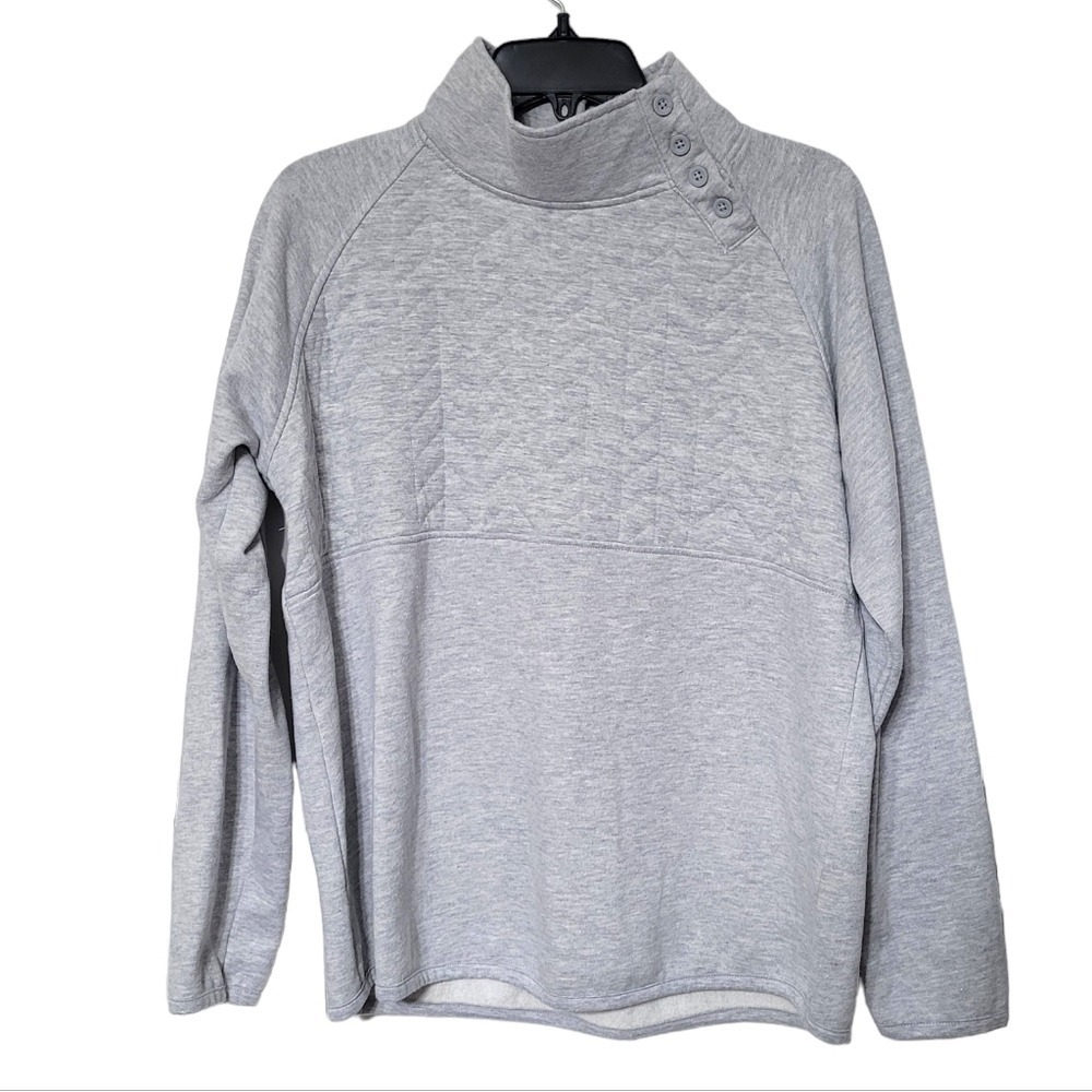 St John's Bay Grey Button Mock Neck Quilted Pullover Sweatshirt Women's‎ Size L